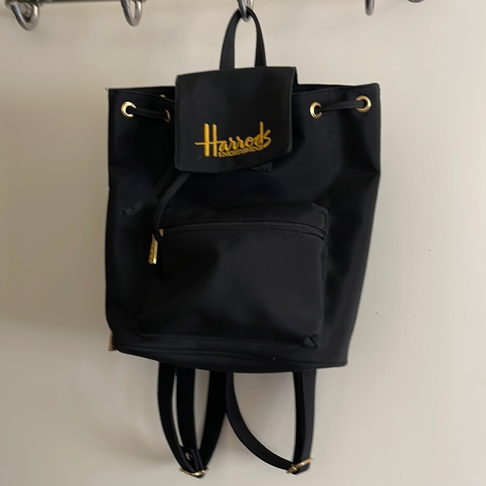 Harrods Knightsbridge Black Nylon Backpack Purse Gold Hardware Embroidery